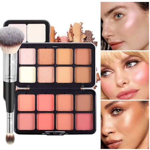Joyeee 16 Farben Blush Contouring Highlighter Palette mit Pinsel, Rouge Bronzer Eyeshadow Puder Wasserfest Long Wearing Makeup Palette für Mädchen Frauen für Gesicht Wange Auge Körper