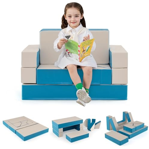 COSTWAY Kids Play Couch, 8-Piece Modular Toddler Soft Foam Playset with Removable Cover, Fold Out Convertible Children Sofa Bed for Kidsroom Bedroom (Blue+Grey)
