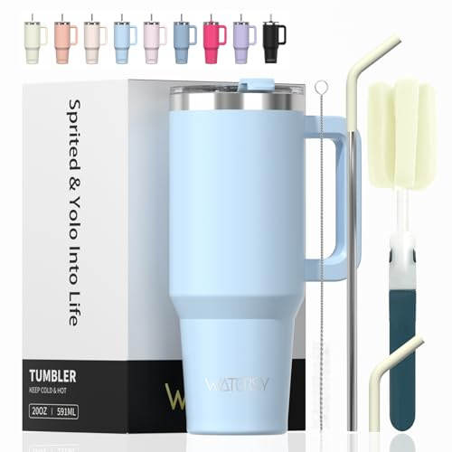 WATERSY Travel Mug Coffee Cup 20oz Tumbler Straw Lid and Handle, Stainless Steel Double Wall Vacuum Insulated Coffee Water Bottle Thermal for Cold Hot Coffee 591ml Blue