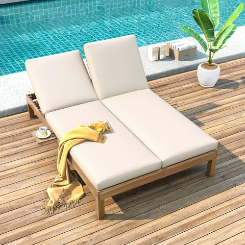 Bekeknlny Outdoor Double Chaise Lounge with 5-Position Adjustable Backrest, Cushion and Folding Side Trays, Patio Double Lounge Chairs for Poolside Garden (Light Teak/D)