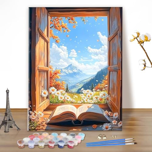 MEIYUDA Pintar por Numeros Adultos Vista de ventana, Cuadros por Numeros Pigmento Acrílico, DIY Pintura por Numeros Kit Manualidades, Decoración para el Hogar Regalo de pared 40x50cm(sin marco)