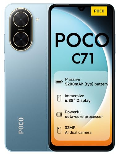 POCO C71 Smartphone, 4+128GB, Blue, UNISOC T7250 processor, 5200mAh battery, 32MP AI dual camera, 6.88 large screen display (No power adapter included)