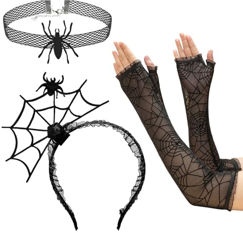 SSKHE 3 stycken spindlar hårband kvinnor halloween med halsband och handskar spindlar nät hårband spindelnät handskar punk kostym för halloween cosplay karneval fest