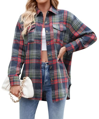 Womens Checked Shirts UK Ladies Checked Shirts Casual Long Sleeve Flannel T-Shirt Button Down Loose Plaid Blouses Top with Pockets 01-Navy L