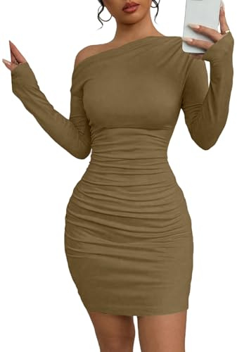 Acelitt Fall Off the Shoulder Dresses for Women 2025 Long Sleeve Ruched Bodycon Cocktail Party Mini Dress Brown Medium