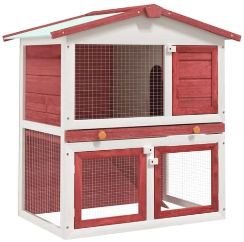 Conejera para conejos, 3 puertas, madera roja, perfecta para exteriores e interiores