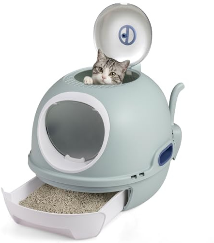 GOPLUS Bandeja Sanitaria Cerrada para Gatos, Casa de Baño para Gatos con Pala, Doble Entrada, Mueble para Arena con Cajón Inferior Extraíble para una Fácil Limpieza, 54,5 x 46 x 39,5 CM (Azul)