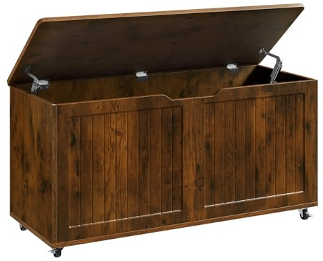 WOLTU Taburete Almacenaje con Ruedas, Baúl Puff Almacenamiento, Otomano Reposapiés Rectangular 100x40x50,5 cm, para Salón, Dormitorio y Entrada, Marrón Rústico