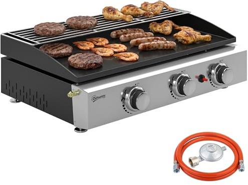 Outsunny Gasgrill 7,5 KW bärbar bordsgrill med 3 brännare keramisk lackbeläggning grillgaller varmhållningsgaller avtagbar fettuppsamlingsbricka, rostfritt stål picknickgrill bordsgas grill för