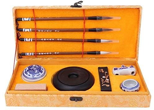 MAGT China Set de Caligrafía, Tradicional China de la caligrafía, Cepillo/Tinta/Papel/Inkstone, Conjunto de caligrafía, Set Caligrafia China, Pinceles Caligrafia China, Kit de Tinta de Papel