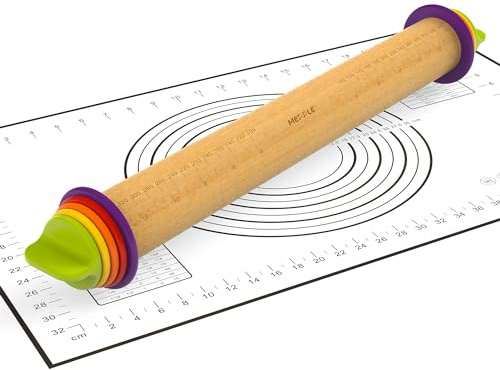 Mepple Rolling Pin with Thickness Rings and Pastry Baking Mat, 13.6 Adjustable Wooden Rolling Pin Dough Roller for Baking Cookie Pizza, Comes with Large Silicone Pastry Mat, Kitchen Baking Tools