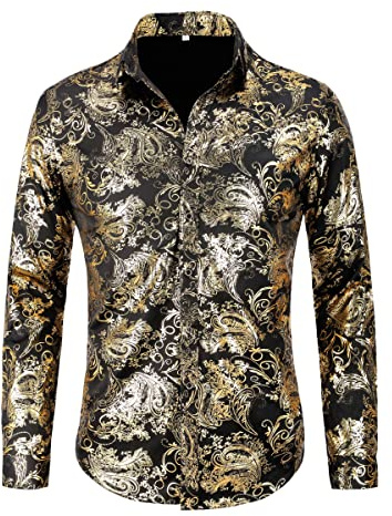 Allthemen Chemise Homme à Manches Longues Paisley Floral Jacquard Slim Fit Casual Imprimée pour Mariage Soirée Or M