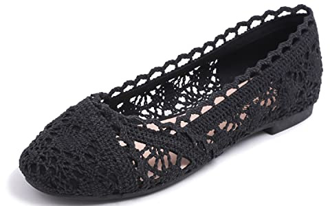 Feversole Round Toe Lace Ballet Crochet Flats Women's Comfy Breathable Shoes Black Knit Crochet 7 UK
