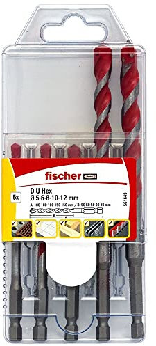 fischer 561649 D-U Hex - Juego de brocas universales hexagonales, incluye 5 piezas de diámetros de 5 mm a 12 mm, para ladrillo, madera, azulejos, plástico, acero, hormigón