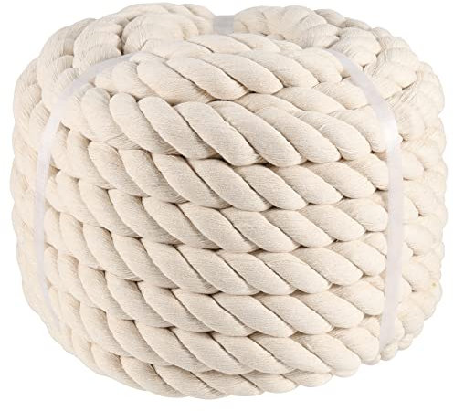 SINJEUN 25mm Cotton Rope 15 Metres White Rope Macrame Rope 3 Strand Natural Twisted Cotton Rope Soft Rope DIY Crafting Decoration Decking Rope for Garden Macrame Plant Hanger Kit Beige