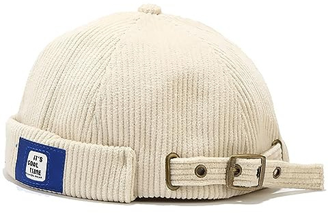 XYIYI Beige Men Corduroy Docker Cap Beanie Sailor Cap Worker Hat Rolled Cuff Retro Brimless Hat with Adjustable
