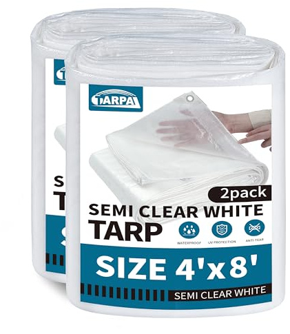 TARPAL 4'x8'（2pack） Semi Clear White Tarp Waterproof Green House Cover with Grommets 7.5mil Clear Poly tarps for Gardening,Farm, Garden,Chicken Coops，Outdoor