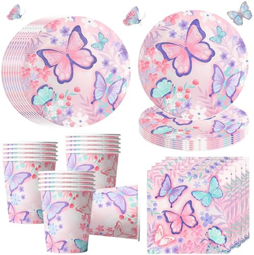 Stoviglie per feste a forma di farfalla, per 16 ospiti, per feste di compleanno, piatti di carta a farfalla, tovaglioli, decorazione di compleanno per bambini