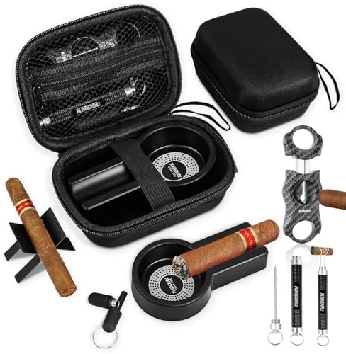Multifunctional Cigar Accessories, 5-in-1 Kit - V Cigar Cutter, Cigar Draw Enhancer Tool, Cigar Ashtray, Cigar Holder, Cigar Punch, with Accessory Bag for Smoking, Travel, Outdoor, Cigar Gifts for Men