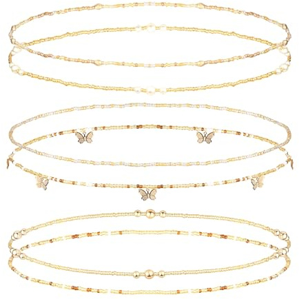 Finrezio 6Pcs Belly Waist Chain Layered Beaded for Women African Waist Beads Belly Chain Beads Waist Elastic Bead Summer Body Chain Bikini Jewelry