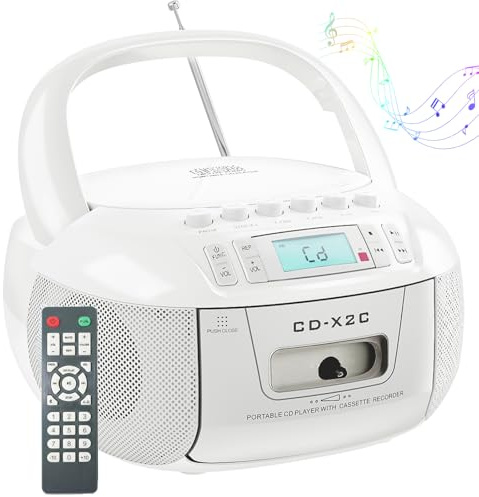 Kassettbandspelare, CD-kassettspelare med fjärrkontroll, AM/FM-radio, Bluetooth-anslutning, HD-skärm, dubbla stereohögtalare, 2 sätt för laddning, musikcenter, CD-spelare Boombox