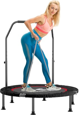 K KENSONE 40” Mini Flodable Spring Rebounder Trampoline for Adults with Adjustable Bar, Small Exercise Trampoline for Indoor Workout and Fitness, Gray Resistance Band Included, Max Load 330 LBS