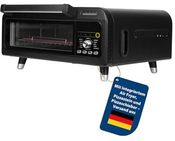 Genius Chef elektrischer Pizzaofen 10 in 1 8 tlg, 400°C, 2000 Watt, integrierter Airfryer, Steakgrill, Pizzastein und Pizzaschieber inklusive, 4 Modi, Warmhalten mit 3-Fach-Verglasung