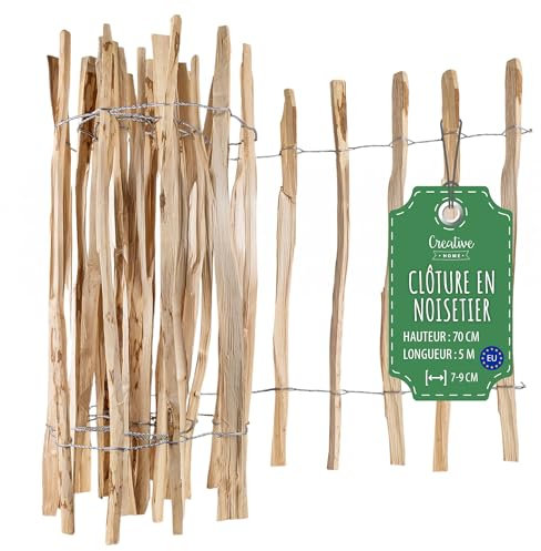 Creative Home Valla de Madera de Avellano | 70 cm de Altura y 5 m de Largo | Valla Enrollable | Espaciado entre Listones 7-9 cm | Ideal para Bordes de Flores | Cerca de Jardín de Madera de Nogal