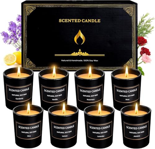 Bougies Parfumées de Noël - Cadeaux pour Femmes, Lot de 8 Bougies Parfumées de 85g pour la Maison, Sans Fumée, Parfum Intense et Durable, Bougies d'Aromathérapie pour Anniversaire et Cadeaux de Noël