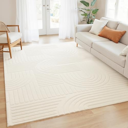 Topfinel Rugs Living Room Large 160x230 Cream Fluffy Washable Rug for Bedroom Anti Slip Modern Area Rugs Geometric Soft Short Pile Rug for Dining Room Office