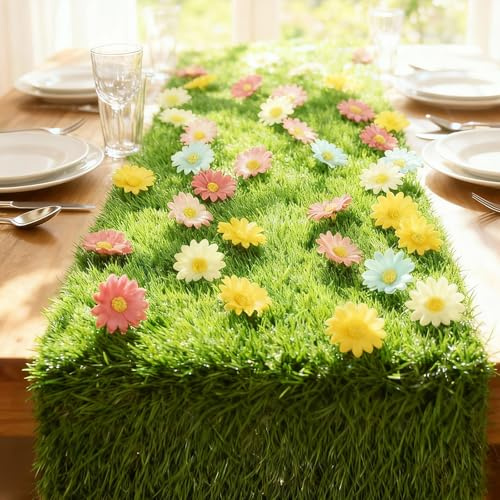 Breling 12 x 47 in Artificial Grass Table Runner Spring Easter Flower Party Decorations Grass Turf Faux Table Runner Decorations for Golf Themed Party, Wedding, Baby Shower, Indoor Outdoor Decor