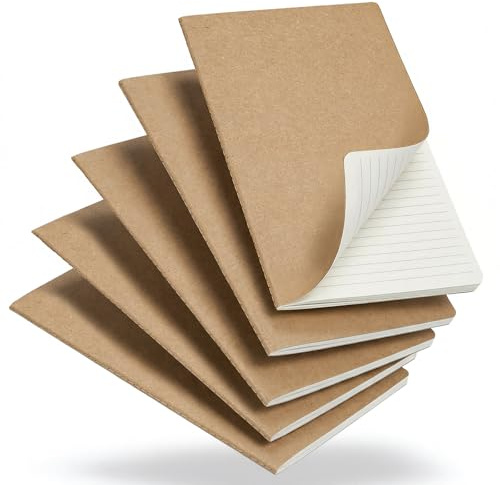 Foliom 5 Pack A5 Lined Notebooks, 60 Pages Ruled Paper Journals, 21 x 14cm, Natural Kraft Cover Composition Notebooks for School Office Students Artists