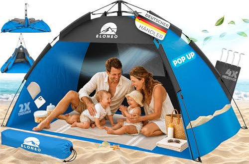 ELONEO Pop Up Strandmuschel UV Schutz 50+ | Strandzelt 190x100x110 cm | Leichter Aufbau und kleines Packmaß inkl. Tragetasche | Strand Sonnenschutz & Windschutz für Babys und Erwachsene