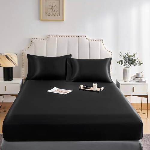 DuShow Fitted Sheet-Deep Pocket Satin Silky Bed Sheet,Breathable Soft and Comfortable-Wrinkle,Fade,Satin and Abrasion Resistant(Double,Black)