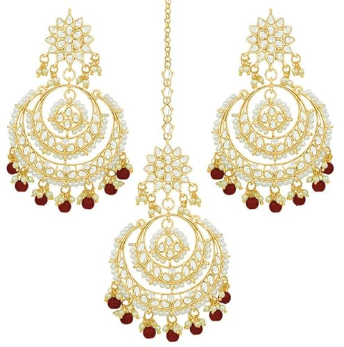 Aheli Bollywood Ethnic Chandbali Style Big Earrings Maang Tikka Set Traditional Fashion Jewelry Gift for Women (Maroon)