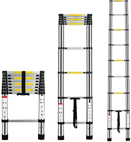 Multibao 8.5Ft 2.6M Telescopic Ladders Telescoping Extendable Aluminium Folding Extension Extendable Portable 9 Steps 150kg Capacity Loft Collapsible DIY Multipurpose