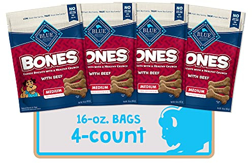 Blue Buffalo Bones Natural Crunchy Dog Treats Medium Dog Biscuits Beef, 16oz. Bag, 4 Count