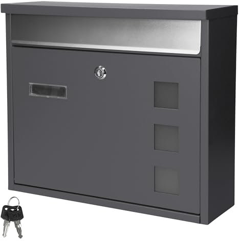 ECD Germany Buzón de Acero Inoxidable Exterior 36x31,5x11,5 cm Antracita Moderno de Pared con Gran Apertura para el Correo con Placa de Identificación Ventanilla y Cerradura con 2 Llaves