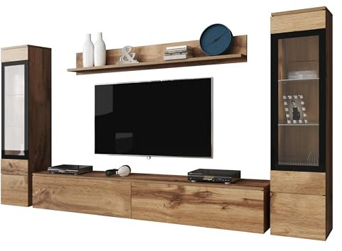 Mirjan24 Wohnwand Doppo II, Schrankwand, griffloses Öffnen, Anbauwand, Fernsehschrank, Mediawand, Wandregal, TV-Lowboard, 2X Hängevitrine (Wotan/Wotan, ohne Beleuchtung)