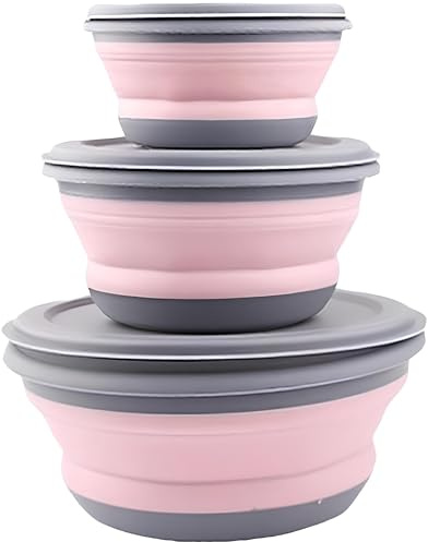 Razatik Ciotola pieghevole con coperchio, 3 pezzi, da campeggio, pieghevole, portatile, per campeggio, escursioni, cucina, scuola all'aperto (rosa)