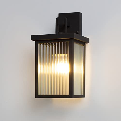 DAWALIGHT Lanterna da Parete Vetro Rigato Applique Lampada Attacco E27 per Balconi Corridoi Terrazzo Ingresso, Metallo con Rivestimento Antiruggine, Nero (Lampadine non Incluse)