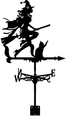 Veleta de viento de jardín, Negro, Tema de Halloween con silueta bruja y gato, Acero inoxidable, Hierro galvanizado