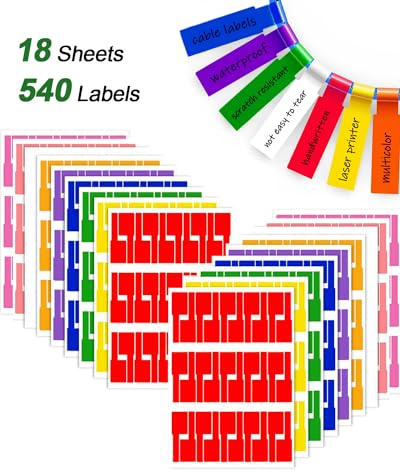540 Pcs Cable Labels Tags for Cable Management, 9 Colors Cord Paper Ideniication Tags for Electronics, Waterproof Labeling Wire, Self Adhesive Tear Resistant Wire Labels Laser Printer & Handwriting