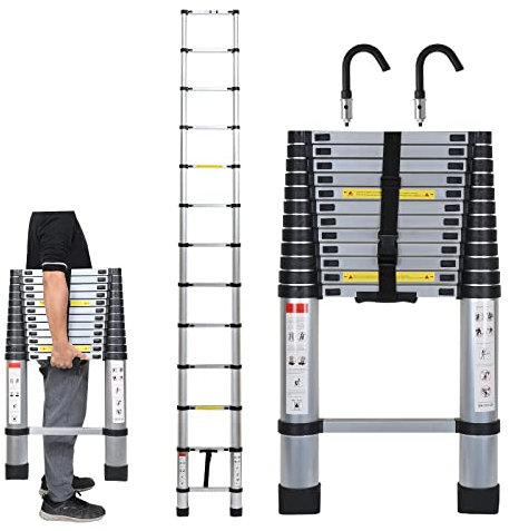 Ansobea Teleskopstege aluminiumstege utdragbar stege maximal lastkapacitet på 150 kg utdragbar stege rostfri hög säkerhet 2,6 m med 2 krokar, silver, (YXXYSSTL07)