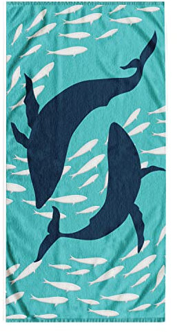 DecoKing Strandtuch groß 90x180 cm Strandlaken 100% Baumwolle Frottee Velours Badetuch Pflegeleicht weich und saugfähig Schnelltrocknendes Strand Handtuch blau dunkelblau weiß Dolphin