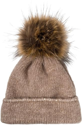 styleBREAKER Cappello a Pompon da Donna Monocolore con Paillettes e Fodera in Pile, Cappello a Pompon Invernale in Pelliccia, Cappello a Maglia 04024210, Colore:Marrone