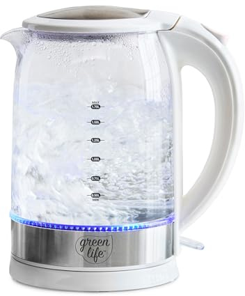 GreenLife 1.7 Liter Glass Electric Kettle, Easy One Touch Use, Quick Heating, Filtered Spout, LED Base, Auto Shut-Off, Cordless Serving, Coffee and Tea, White