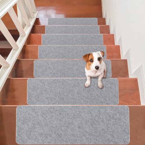 14Pcs Stair Treads Carpet Non Slip, 55 * 20CM Self-Adhesive Floor Stair Carpets Treads, Solid Wood Stairs Non Skid Safety Rug Slip Resistant Indoor Runner for Kids Elders and Pets(Light Gray)