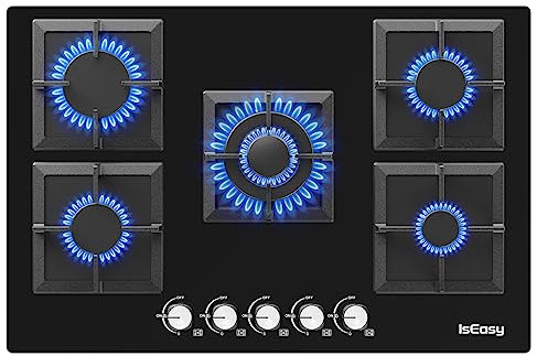 IsEasy Plaque de Cuisson Gaz 5 Feuxs, Plaque Gaz 5 Feux, Table de Cuisson à Gazs 77cm Encastrable, 10500W, Gazs ville et bouteille