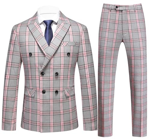 UNINUKOO Men's Suits 2 Piece Plaid Double Breasted Slim Fit Checkered Wedding Casual Homecoming Tuxedo Jacket Dress Pants Set US Size 34 Grey Pink